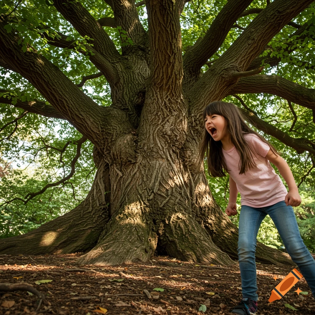 A young girl with long dark hair yells with an open mouth next to a massive tree in a sunlit forest.