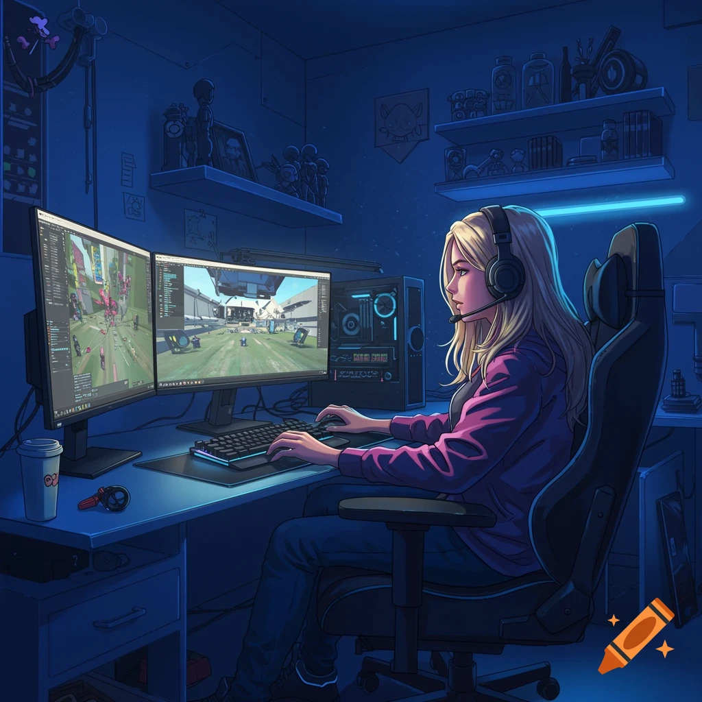 A blonde woman wearing headphones sits at a desk in a dark room, playing video games on dual monitors.
