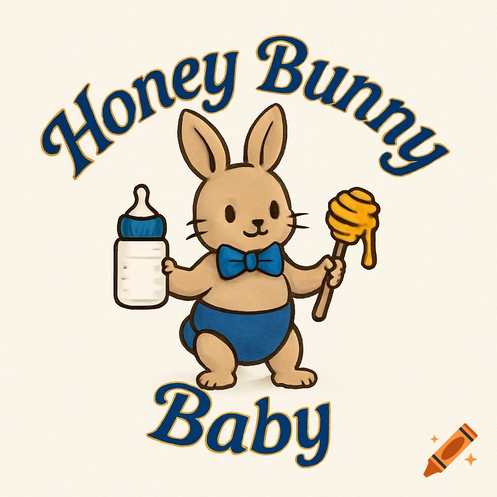 Cartoon light brown bunny in blue bow tie and diaper holds a baby bottle and honey dipper. Text reads 'Honey Bunny Baby'.