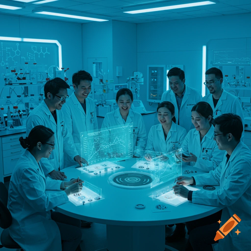 A group of diverse scientists and researchers in lab coats gather around a circular table with holographic displays in a futuristic, blue-lit lab.