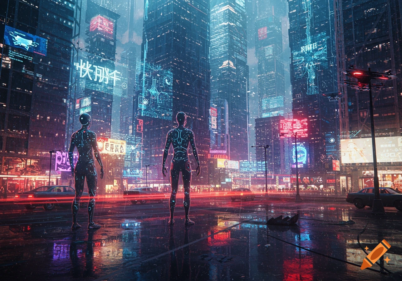 A cyberpunk city street at night with neon lights reflecting on a wet surface and two humanoid figures standing.