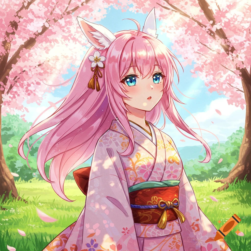 An anime girl with pink hair and animal ears wears a kimono under cherry blossoms in a vibrant spring setting.