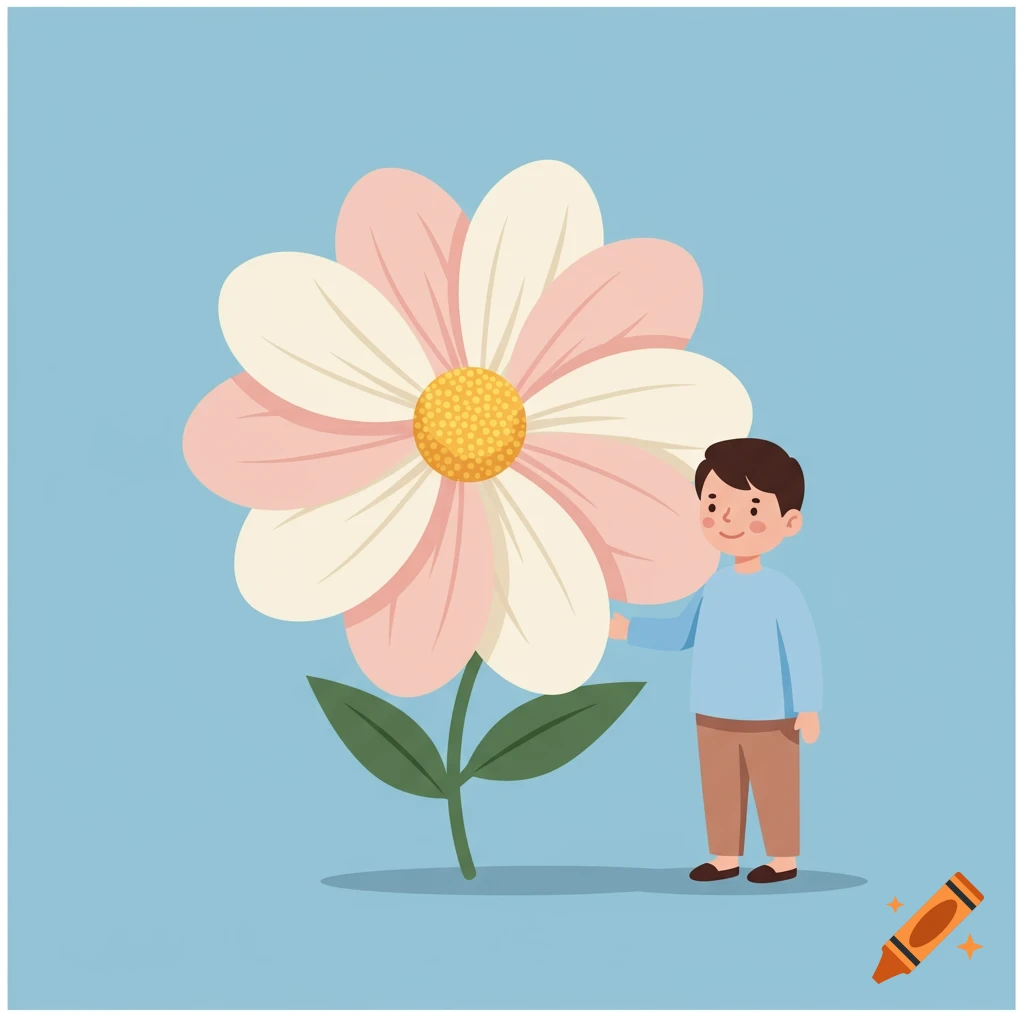 Illustration of a small boy standing next to a large pink and white flower on a light blue background.