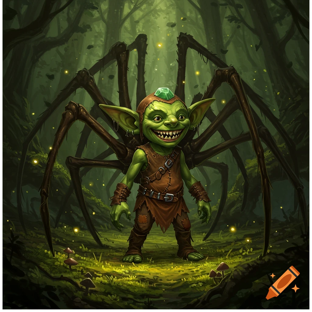A green smiling goblin in leather clothes with multiple spider legs on its back stands in a glowing, dark forest. Fantasy illustration.
