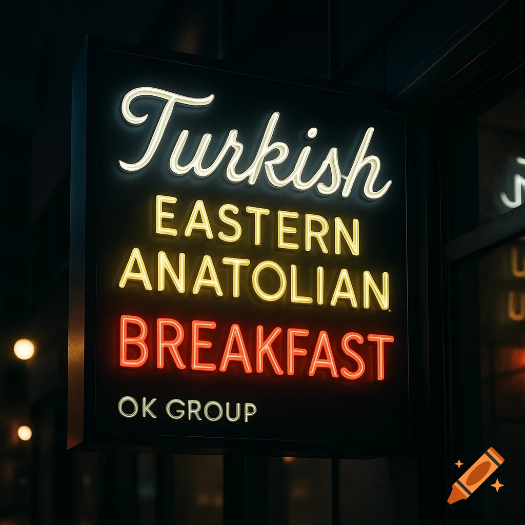 A photorealistic neon sign for 'Turkish Eastern Anatolian Breakfast' and 'OK Group' glows in white, yellow, and red against a dark building at night.