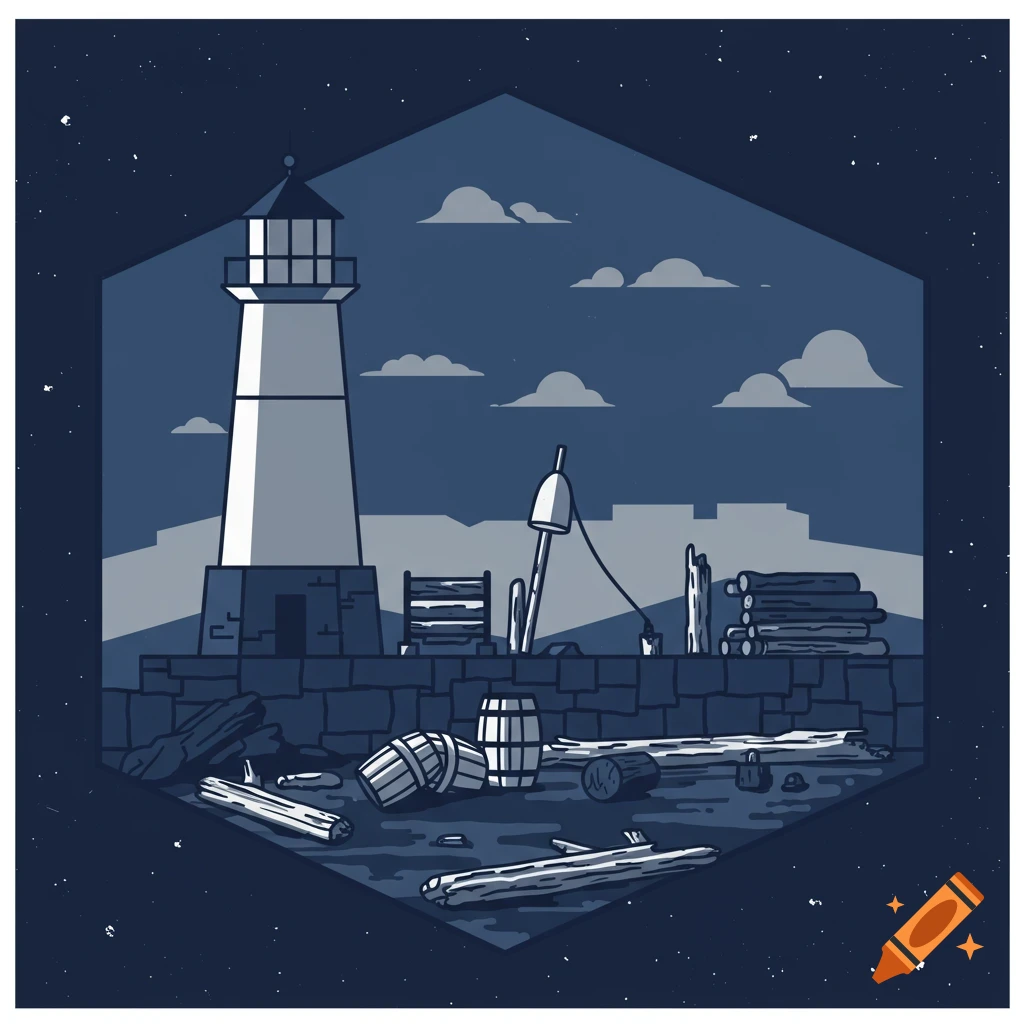 A minimalist, geometric, single-color illustration of a lighthouse on a dark harbor at night with driftwood and barrels.