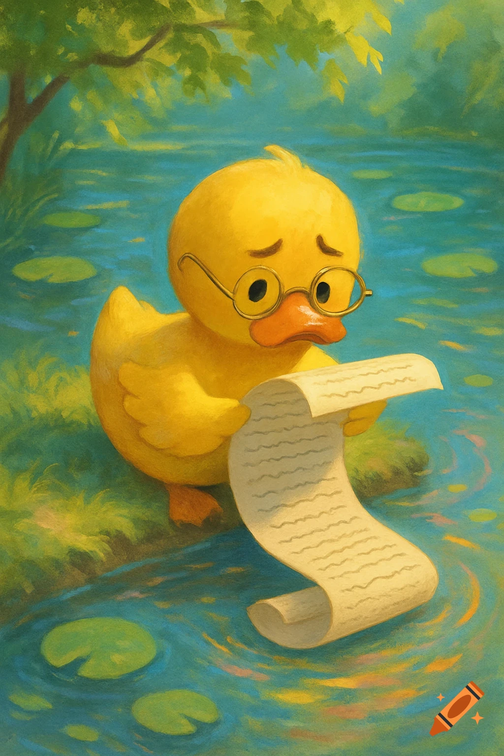 A concerned cartoon yellow duck with glasses sits by a pond, reading a long scroll of paper.
