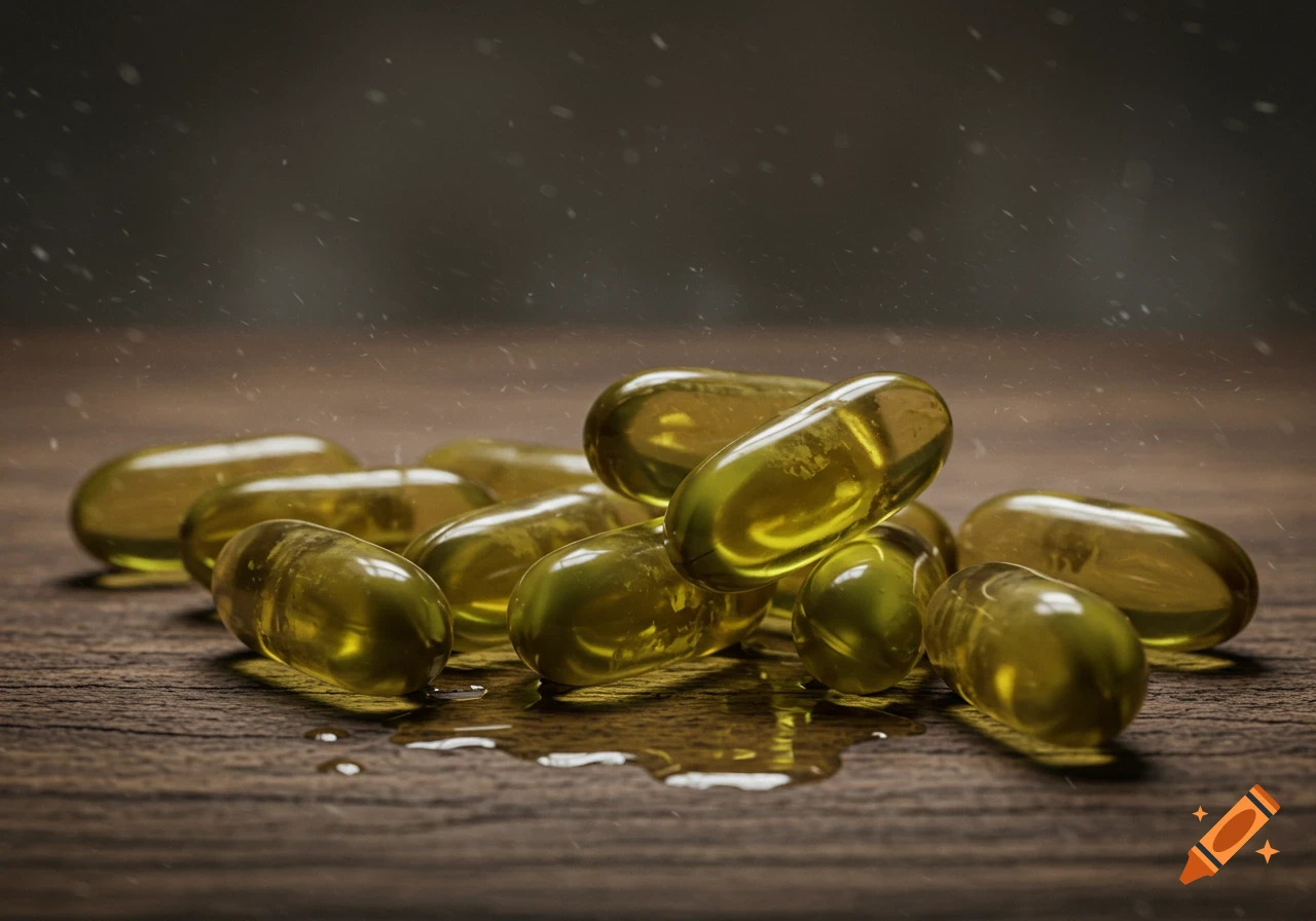 Close-up of translucent golden fish oil capsules spilling oil on a textured wooden surface, with a dark, textured background.