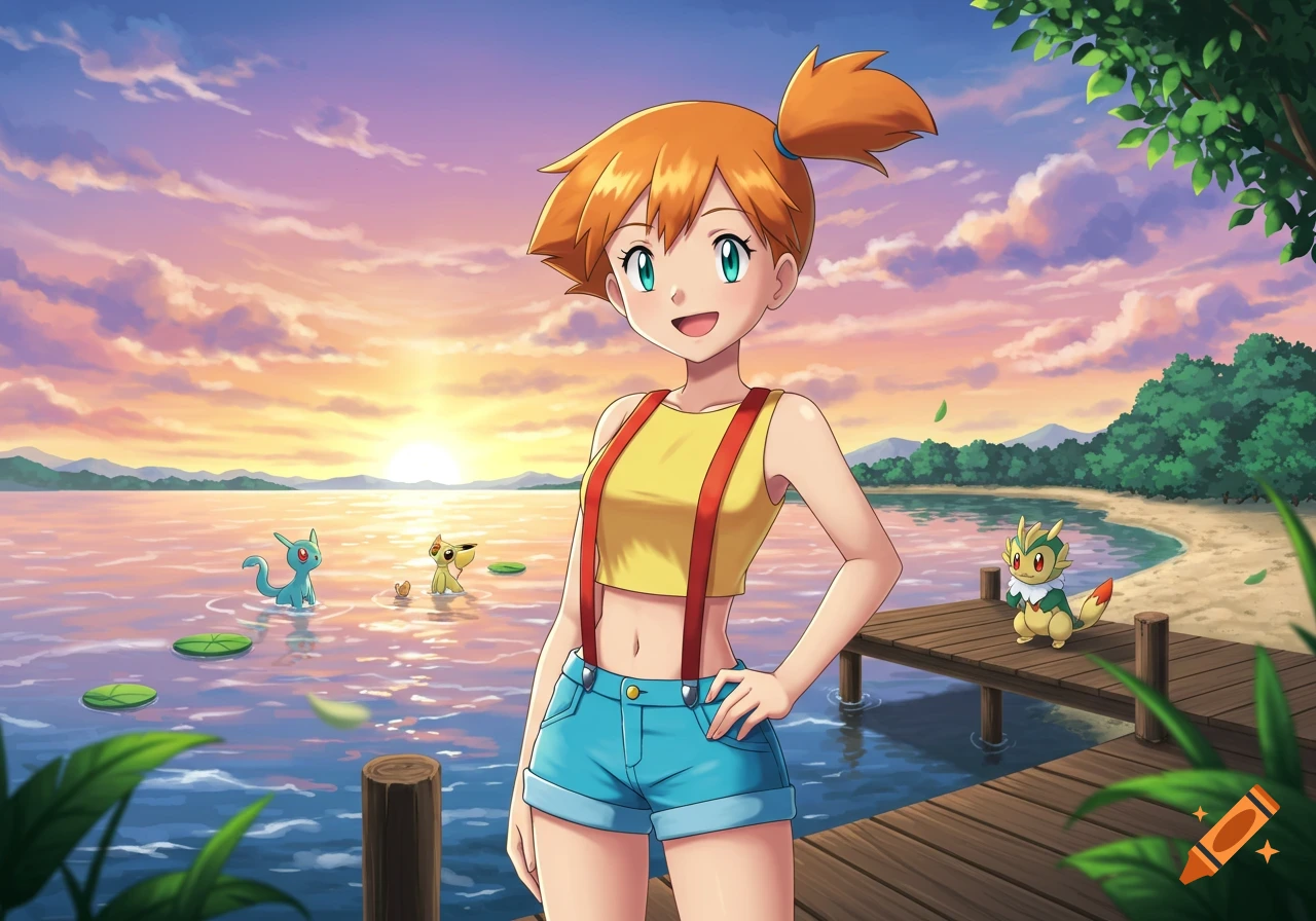 Misty from Pokemon stands on a wooden dock by a lake with other Pokemon, at sunset in anime style.