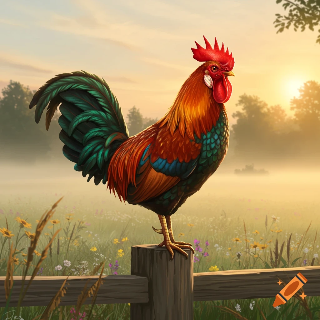 A vibrant rooster with red, orange, and green feathers stands on a wooden fence post in a misty, sunlit field filled with wildflowers.