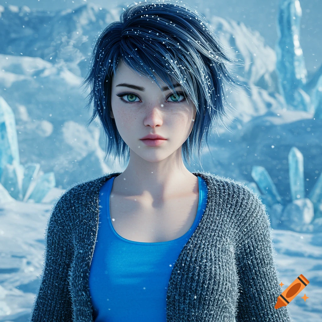 A realistically rendered portrait of a young woman with blue hair and green eyes, wearing a blue top and grey sweater, standing in a snowy, icy landscape.