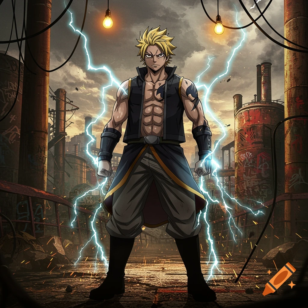 An anime character with spiky blonde hair and a muscular torso, surrounded by lightning, stands in an industrial grunge setting.