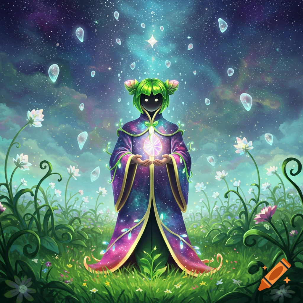 A fantasy figure with green hair and a cosmic robe holds a glowing crystal in a field of flowers under a starry sky.