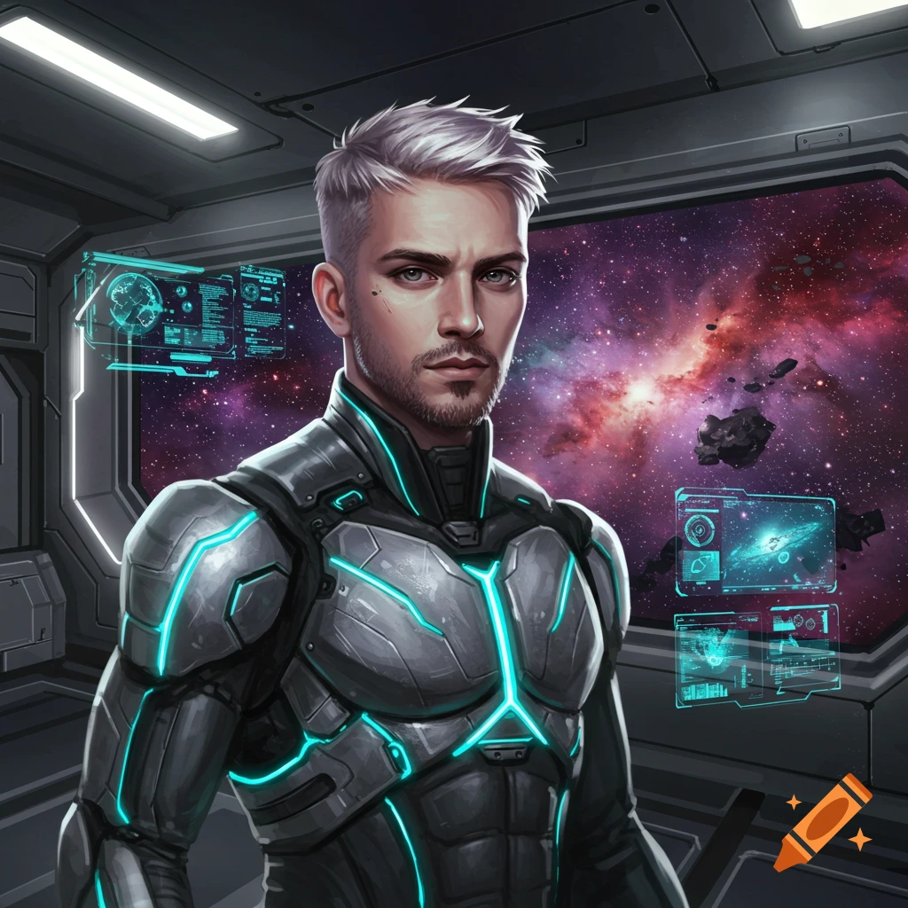 Man in a futuristic suit in a spaceship looking at a colorful galaxy through a window.