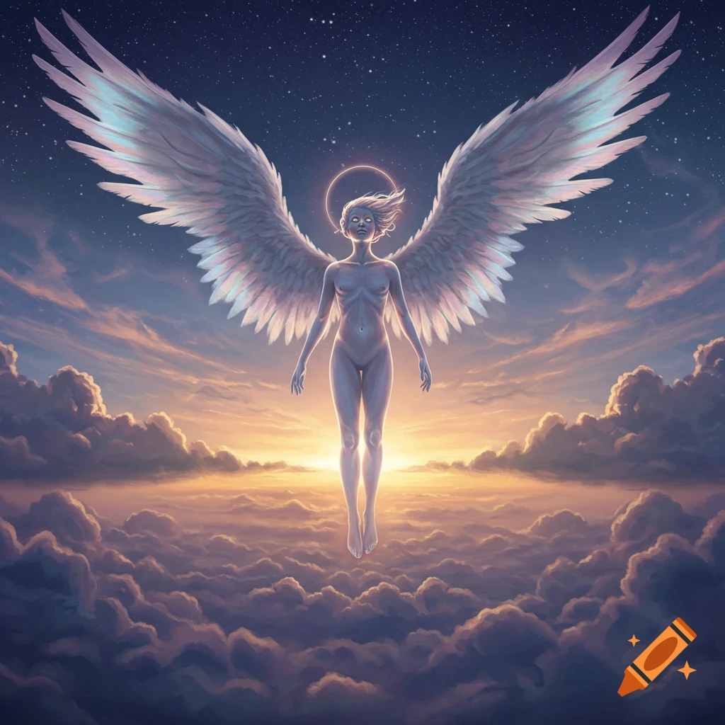 A nude angel with large white wings floats above clouds at sunset, under a starry sky.