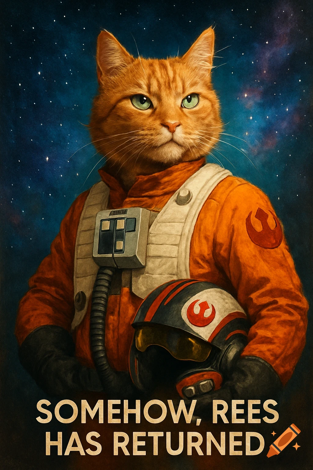 An orange tabby cat in a Star Wars Rebel pilot suit and helmet, against a starry space background, with the text 'SOMEHOW, REES HAS RETURNED' below.