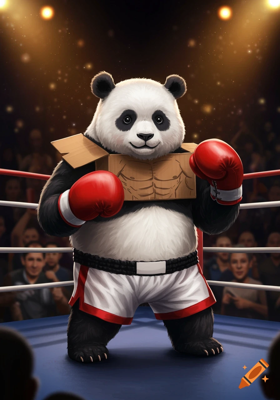A cute panda wearing red boxing gloves and a cardboard box torso with drawn abs stands in a boxing ring under bright lights, facing forward.