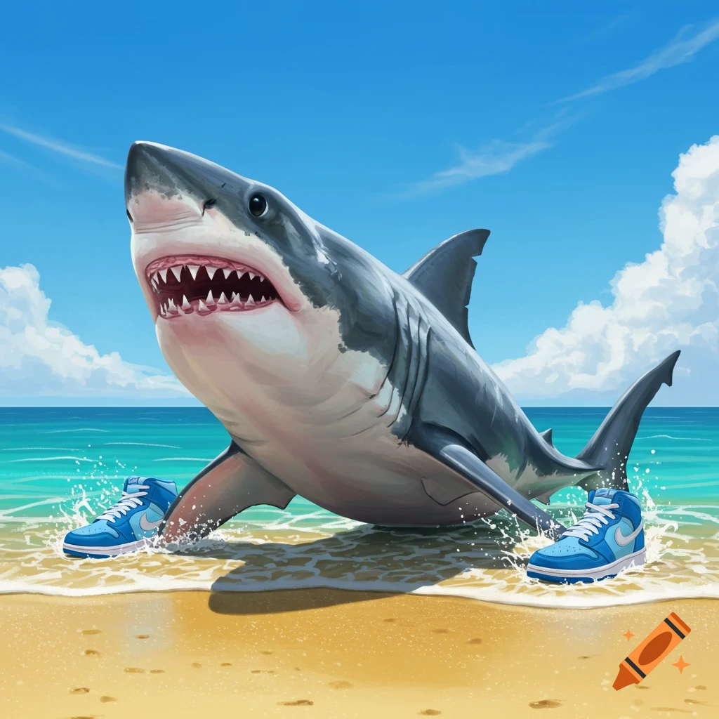 A large grey shark in blue high-top sneakers stands on a sandy beach with water splashing around its feet.