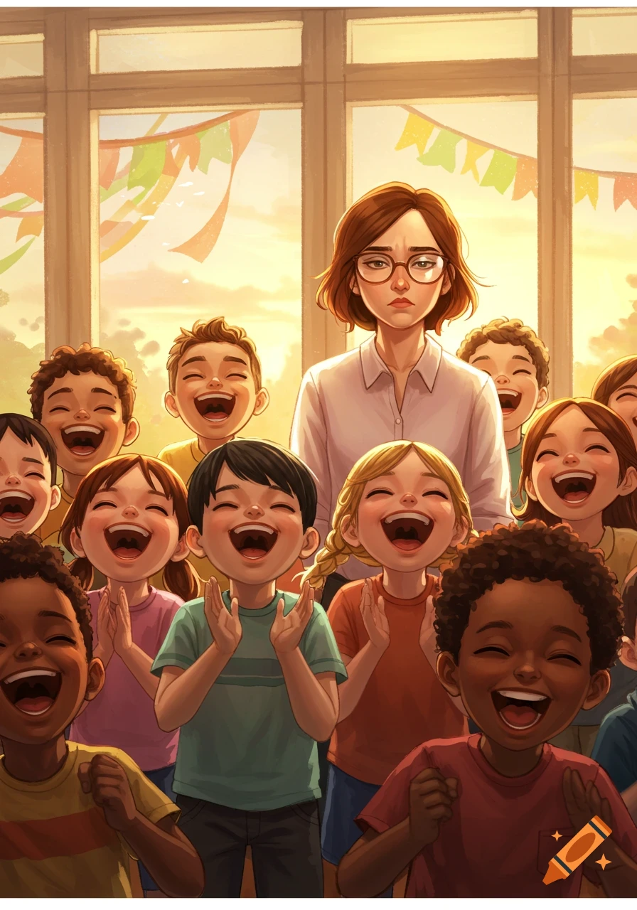 An illustration of a group of diverse children laughing loudly in a classroom with a worried teacher behind them.