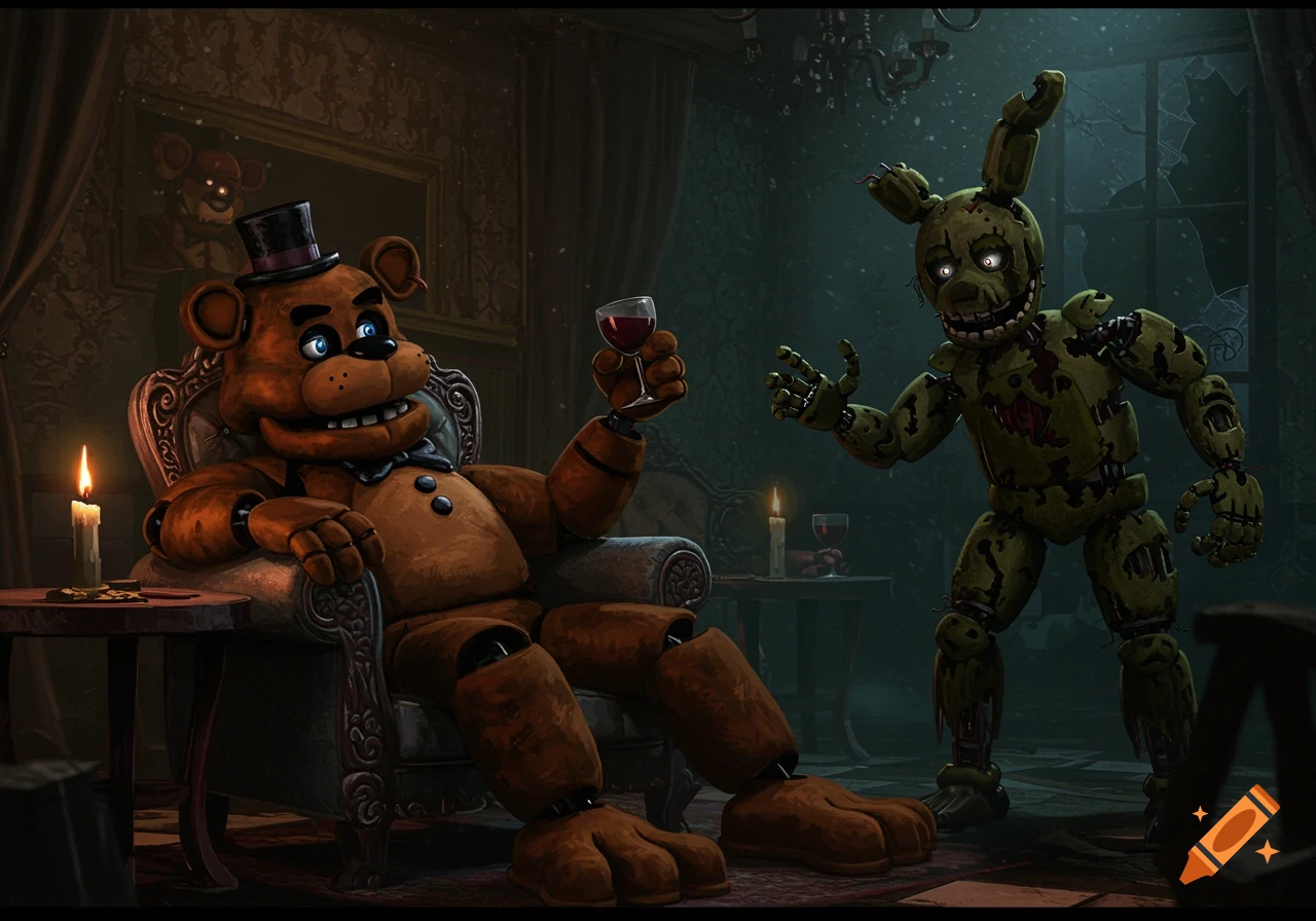 Freddy Fazbear sitting in a chair holding a wine glass, looking at Springtrap who is standing nearby in a dimly lit room.