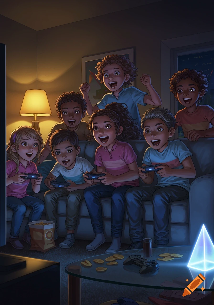 Illustration of several happy children playing video games in a dimly lit living room with snacks and controllers.