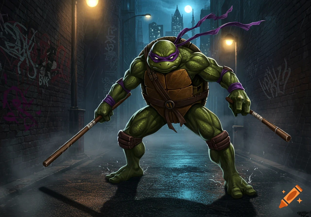 Donatello, the green ninja turtle, stands in a rainy, graffiti-covered alley at night, holding his bo staff.
