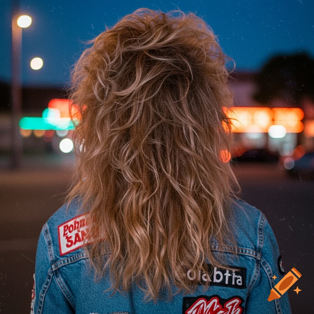 A person with voluminous, curly blonde hair from behind, wearing a denim jacket with patches, walking at night with blurred city lights in the background.