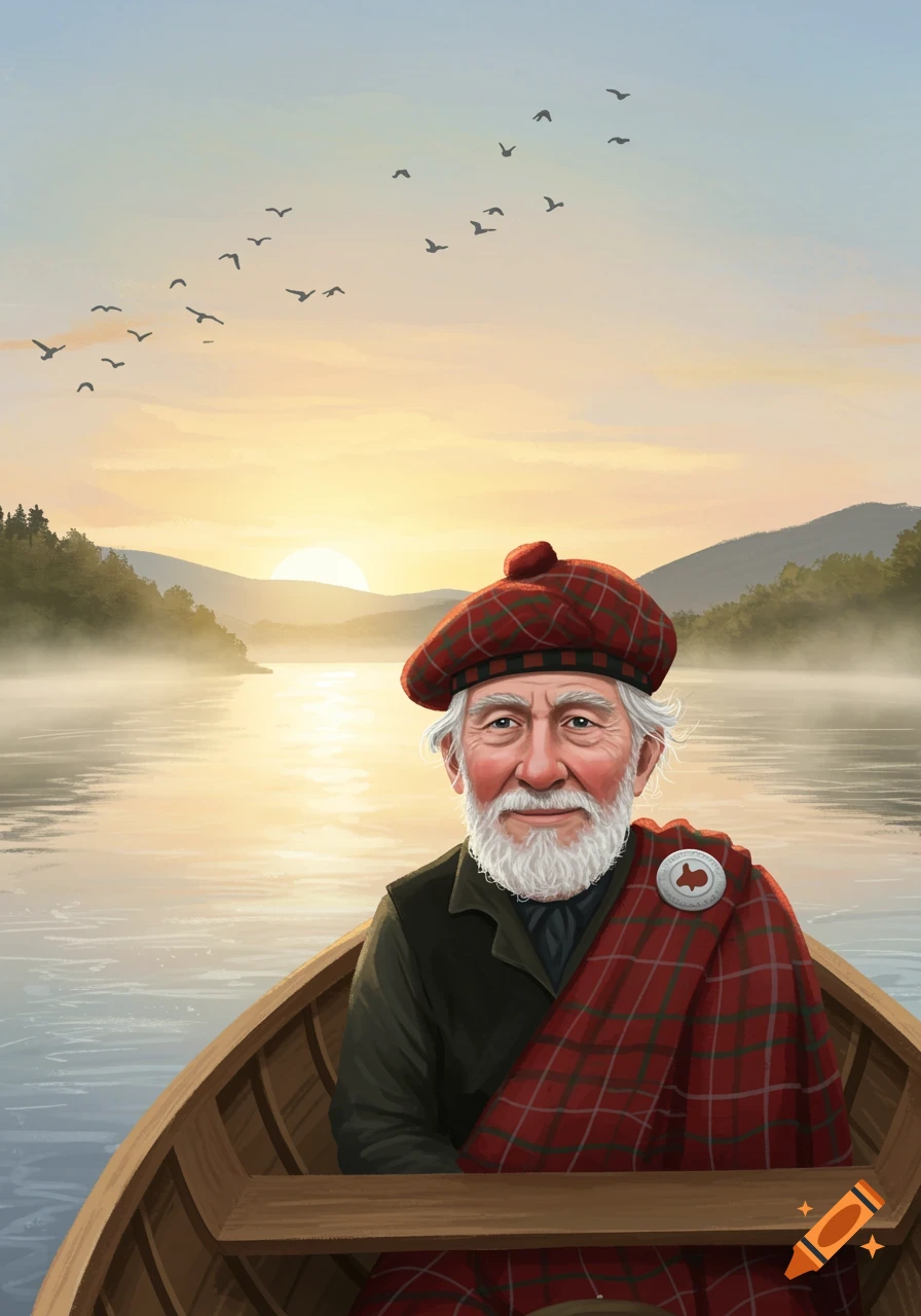 An old man in a Scottish beret and kilt sits in a boat on a misty river at sunrise, with mountains and birds flying.