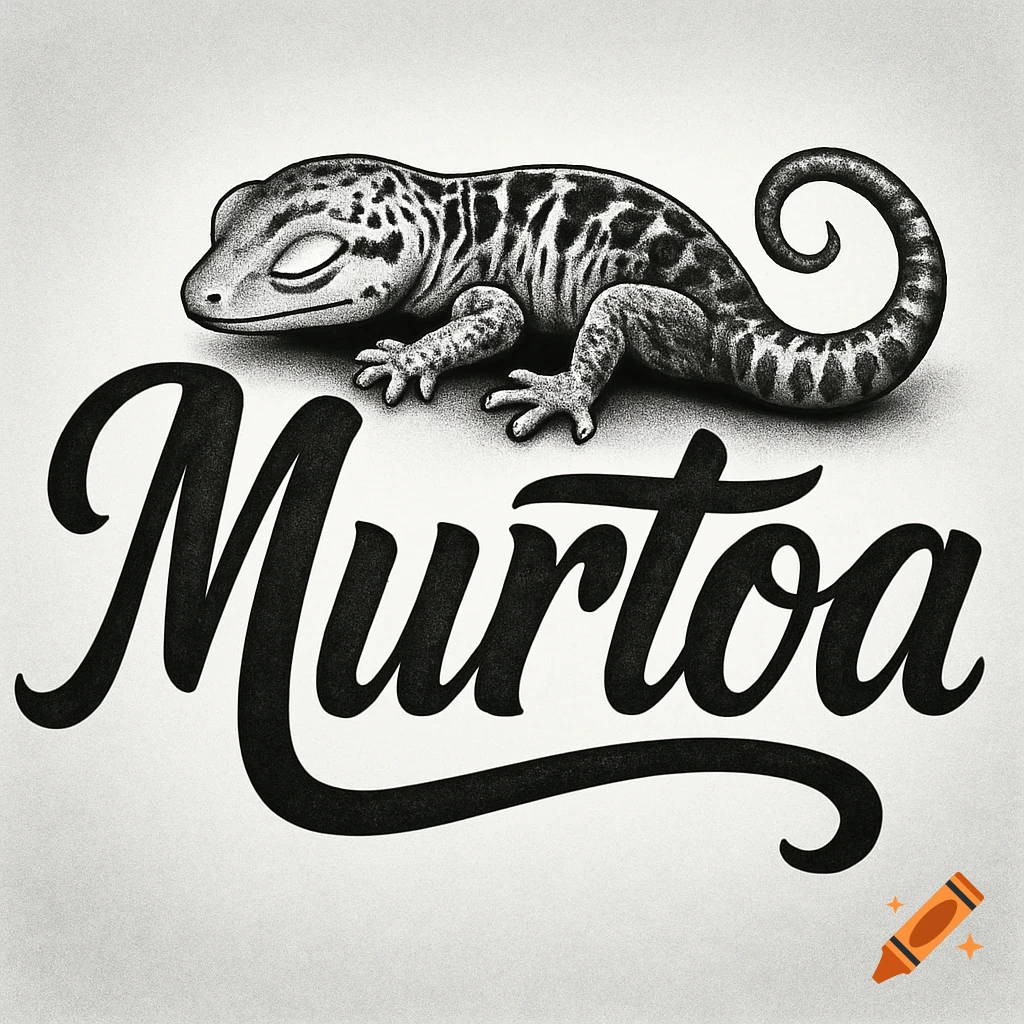 A black and white stippled illustration of a gecko laying on the word Murtoa.