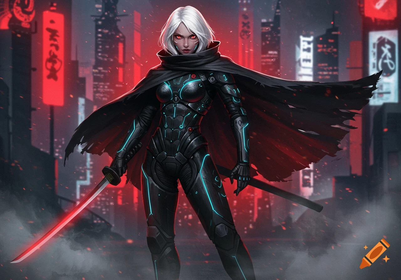 A white-haired warrior woman in black sci-fi armor with a cape holds a glowing katana in a cyberpunk city.