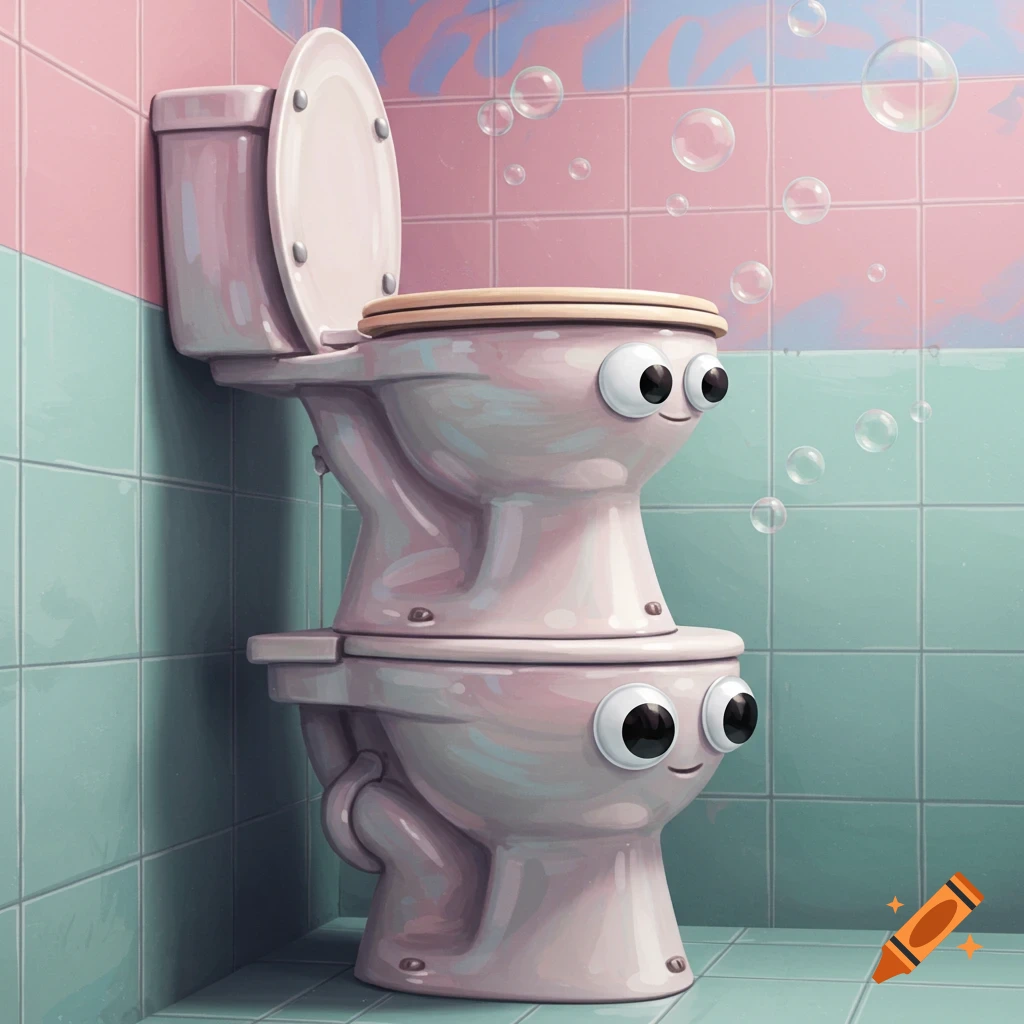 Two pink toilets with googly eyes stacked in a tiled bathroom with floating bubbles, in an illustrative style.