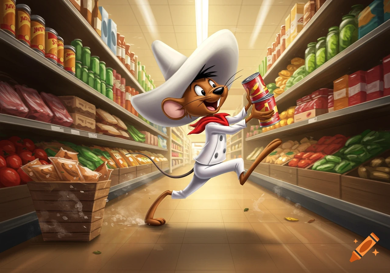 Speedy Gonzales, a cartoon mouse in a white uniform and sombrero, runs through a grocery store aisle, holding two cans.
