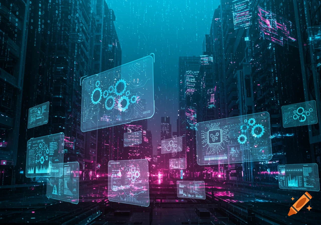 A futuristic cityscape with glowing blue and pink digital interfaces and data overlays floating in the air.