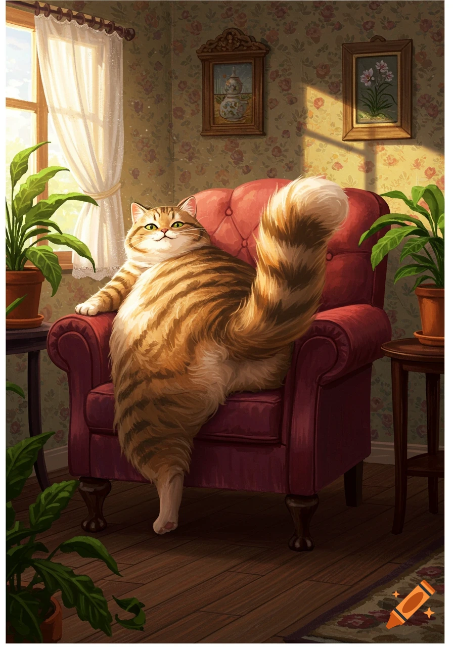 A fluffy orange tabby cat lounging on a red armchair in a sunlit room with plants and patterned wallpaper, in an illustrative style.