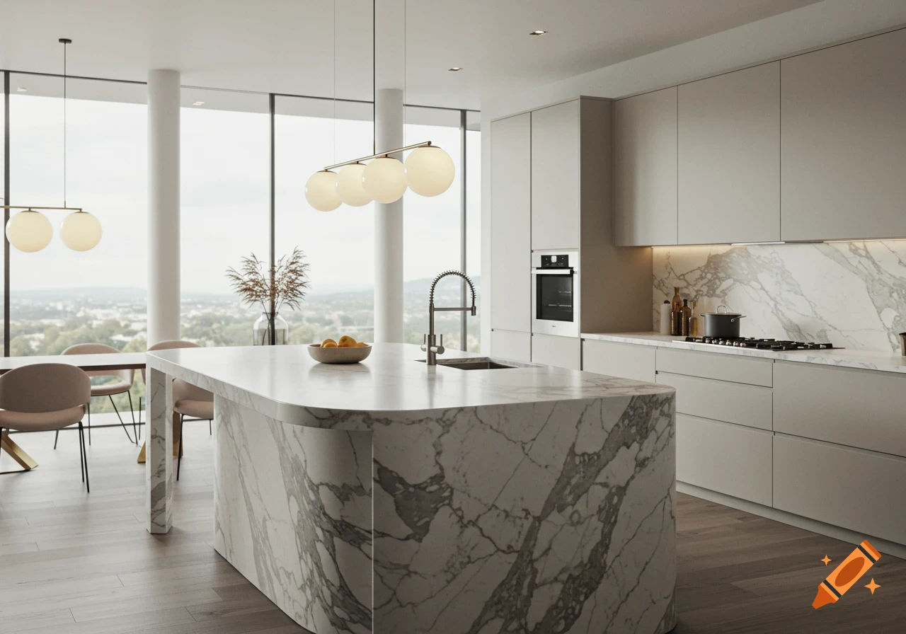 A spacious modern kitchen featuring a large white marble island with a sink and a dining area, overlooking a city through wide windows.