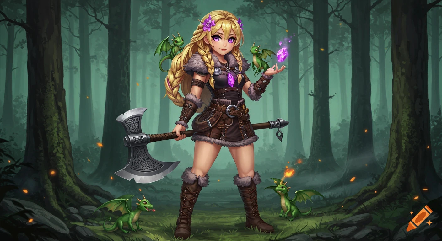 An anime girl in a Viking outfit with blonde hair and purple eyes holds a battle axe in a misty forest, surrounded by green dragons.