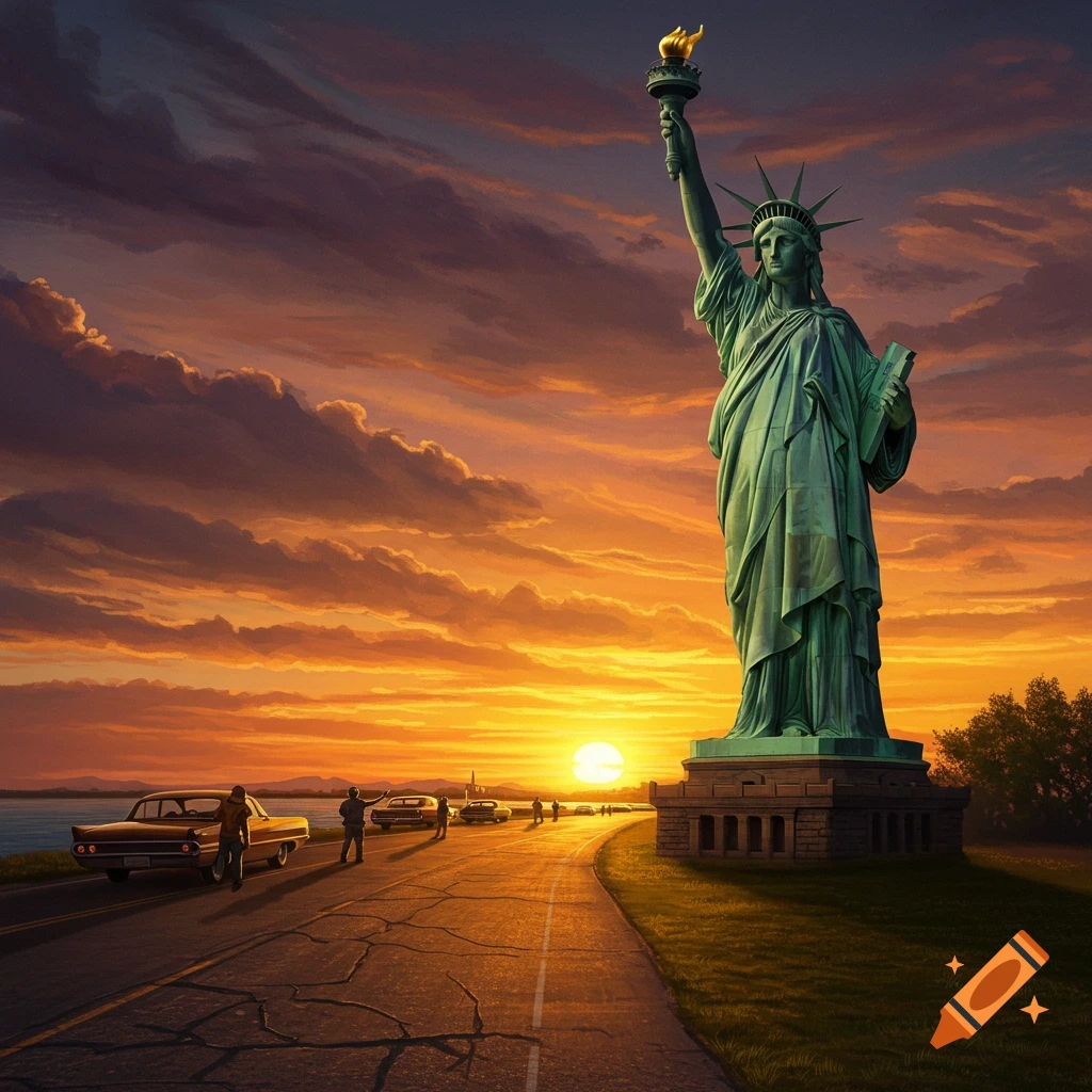 A gigantic Statue of Liberty stands beside a cracked road with vintage cars and small figures at sunset.