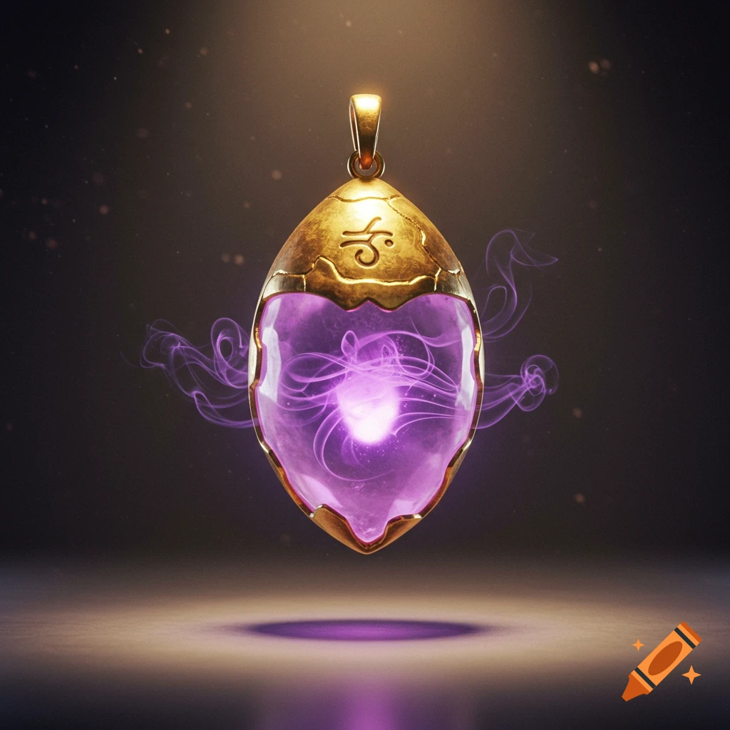 Glowing lavender gemstone pendant with purple wisps and a gold casing, floating in soft light.