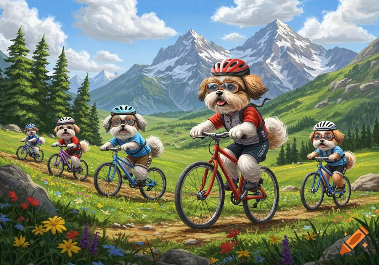 Five cartoon Shih Tzus wearing helmets and goggles ride bicycles on a dirt path through a grassy mountain valley with tall pine trees.