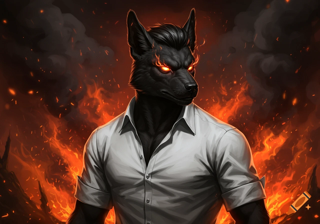 A black hell hound-like creature with glowing red eyes and a white collared shirt stands amidst fire and smoke.