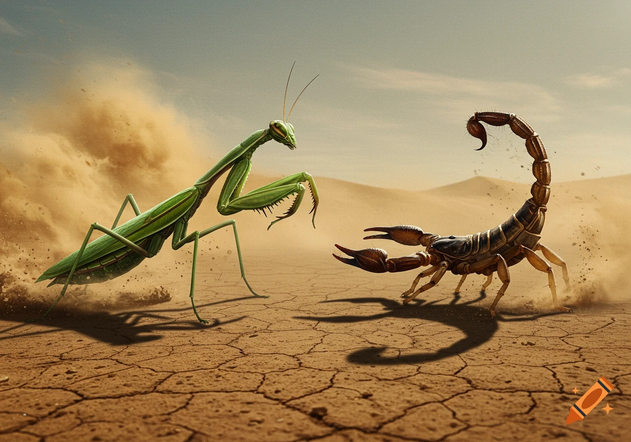 Photorealistic image of a green praying mantis and a brown scorpion facing off on cracked desert ground with sand dunes.