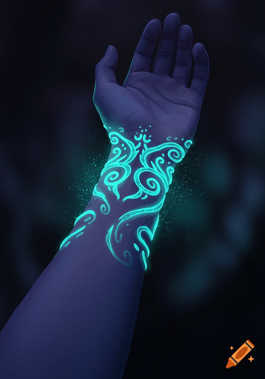 A forearm in a dark setting, adorned with bright teal glowing, intricate swirling patterns, like a magical tattoo.