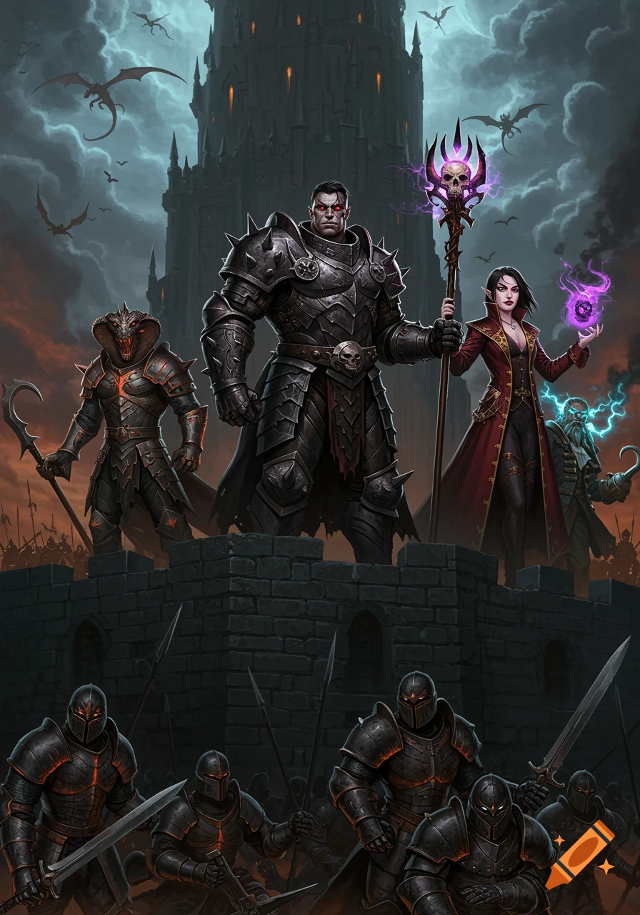 Six fantasy villains, including a large armored warrior and a sorceress, stand atop a dark castle wall with an army below, under a gothic sky.