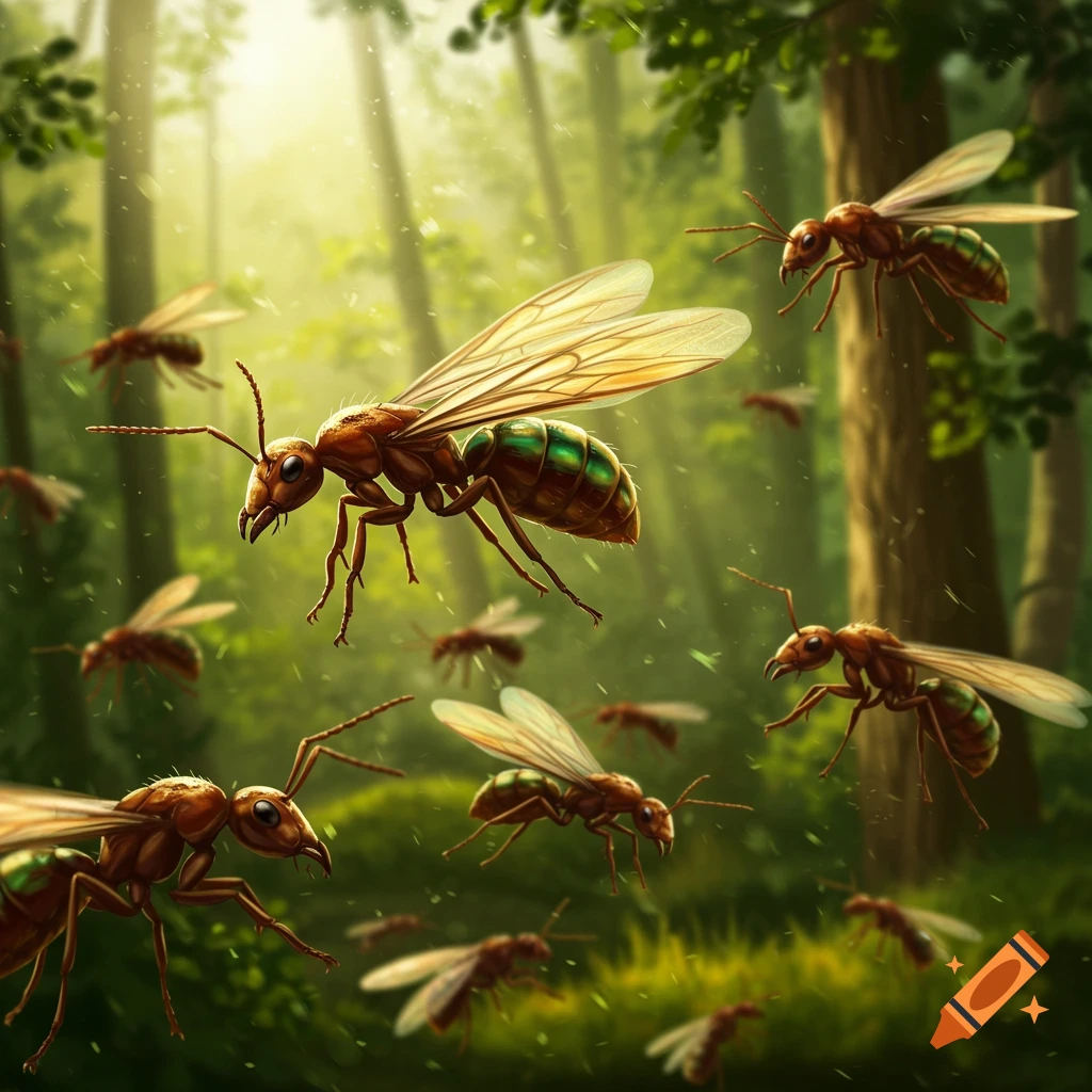 Photorealistic image of many flying ants with translucent wings and iridescent abdomens swarming through a sunlit forest.