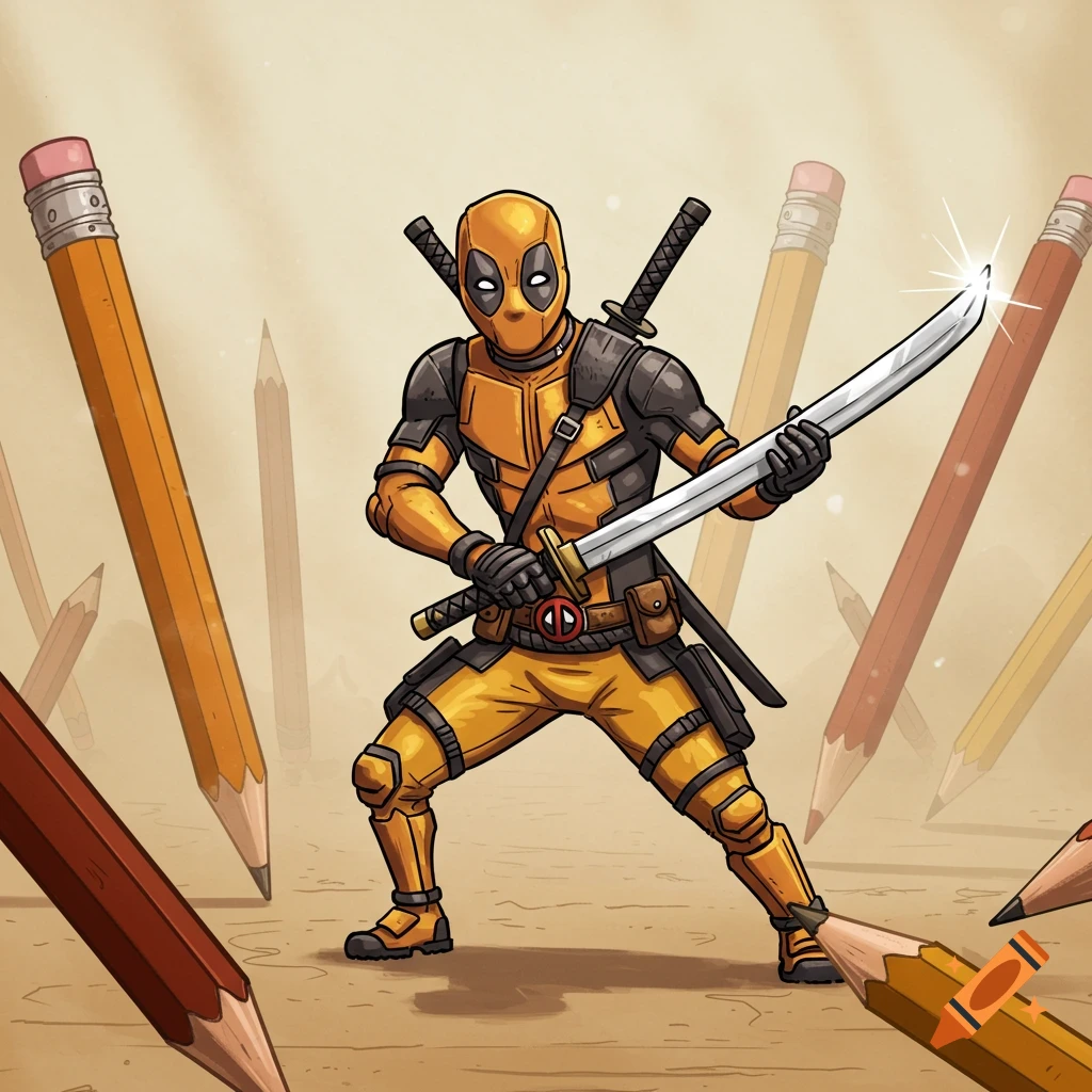 Yellow Deadpool in a comic art style, holding a katana and surrounded by giant pencils.
