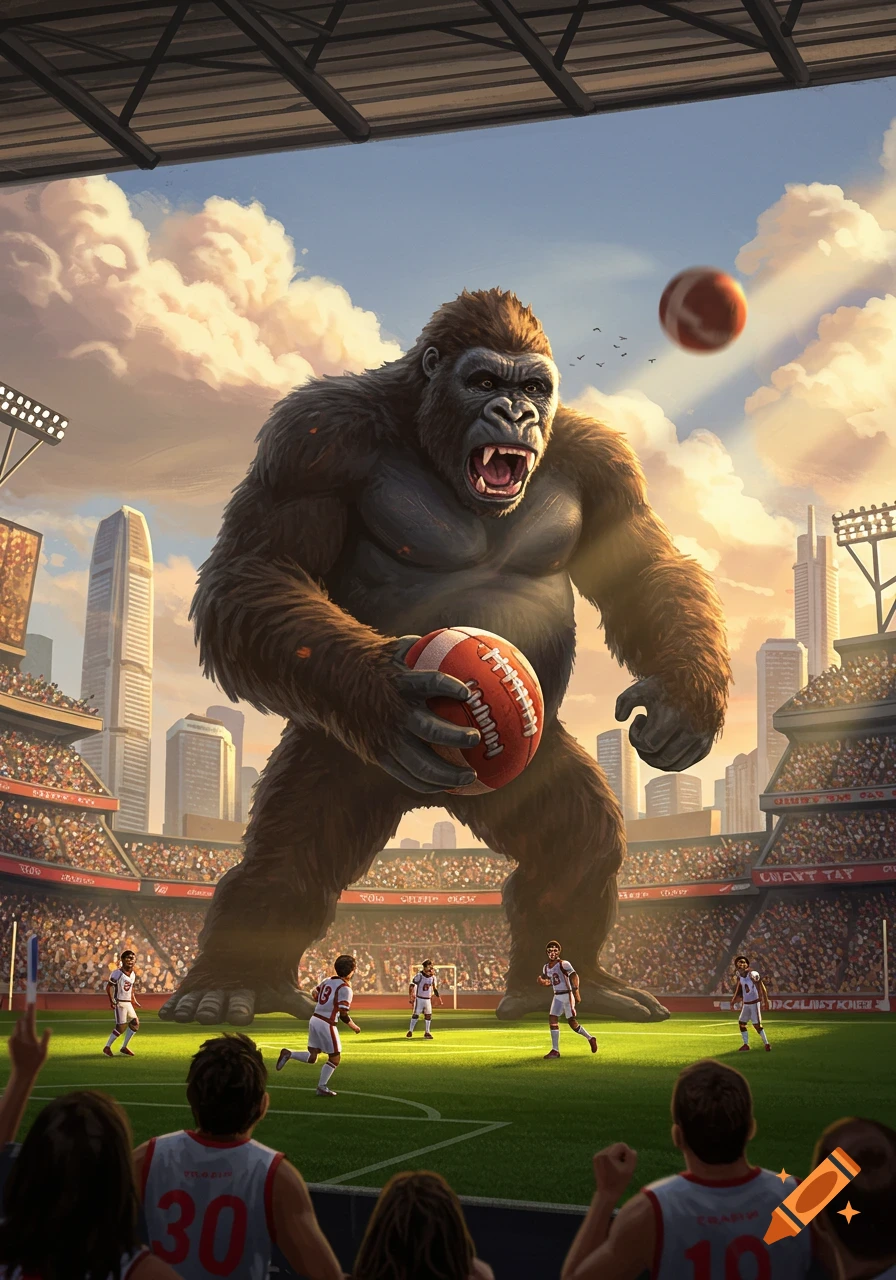 A giant gorilla, King Kong, stands on a football field in a stadium, holding a football. Players are scattered around him, and a second football is in the air. Spectators are in the stands under a bright sky with clouds. The scene is epic and dynamic.