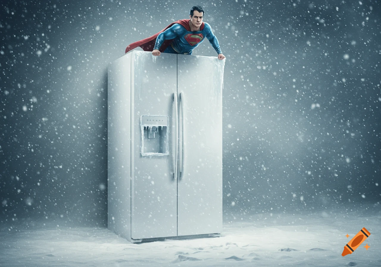 Photorealistic image of Superman, frozen and covered in ice, perched atop a white refrigerator in a snowy, icy scene.