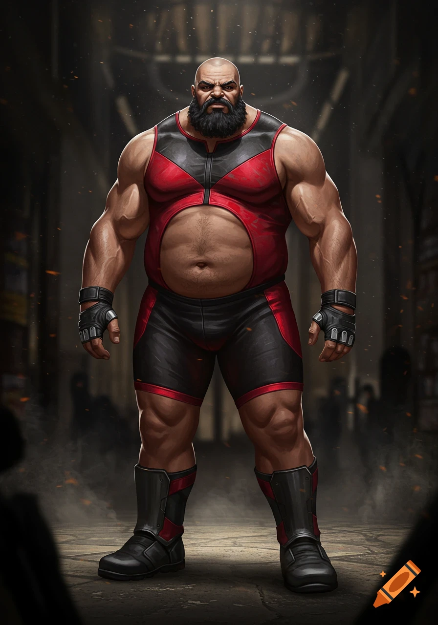 A bald, bearded, very muscular man in a red and black leotard and boots, standing like a comic book character.