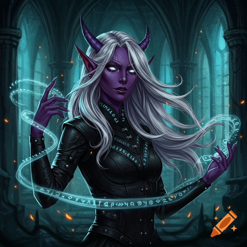 Digital drawing of a purple-skinned female shadar-kai wizard with white hair and horns, casting glowing runes in a dark, gothic chamber.