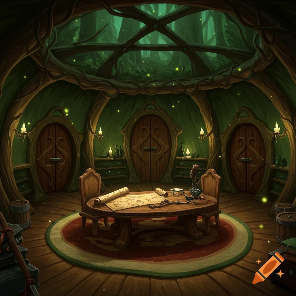A cozy, rounded fantasy room with wooden walls and a forest ceiling, featuring a large table with maps and candles, and two ornate doors.